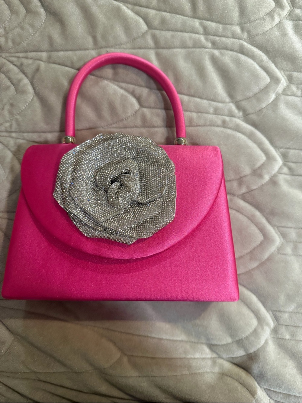 Brand New Kelly & Katie Hot Pink Satin Top-Handle Bag with Sparkling Rose